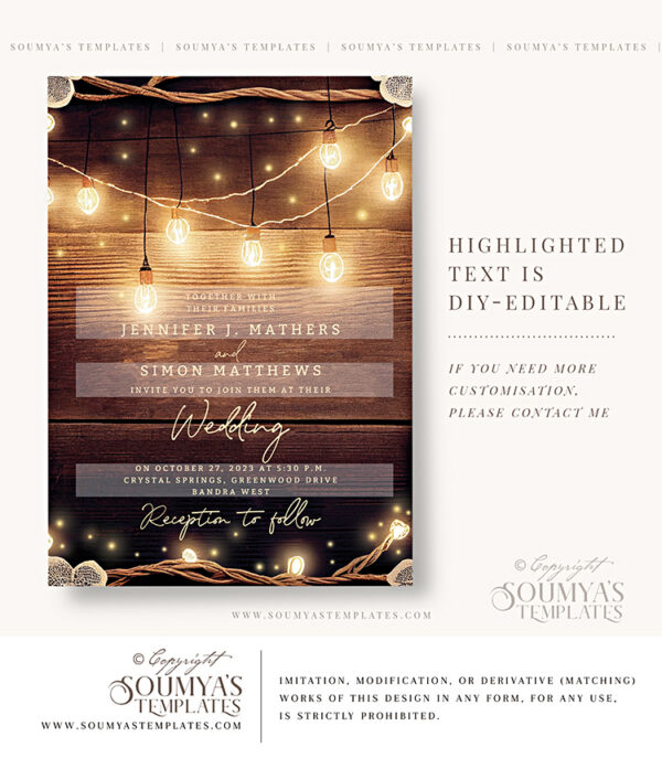 Rustic String Lights Lace Wedding Invitation, Country Wedding Invitation, Rustic Wood Wedding Invite - Image 2