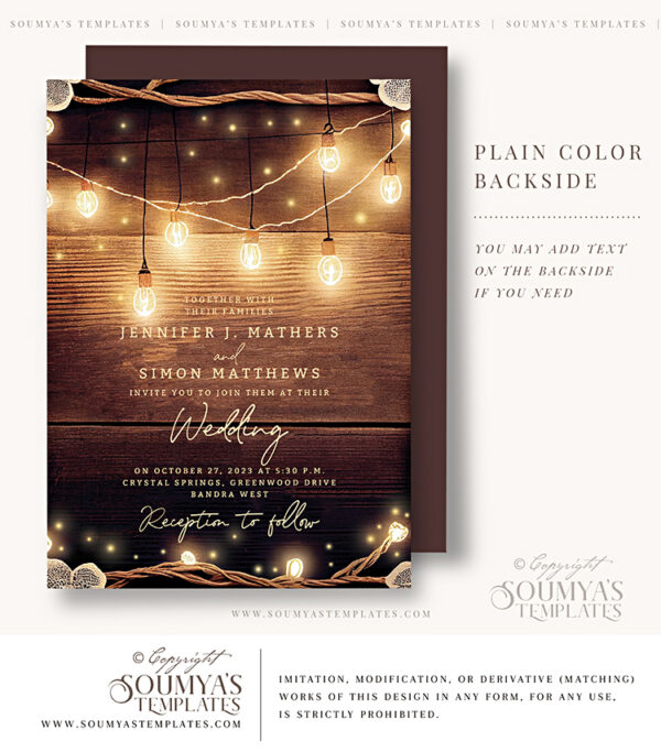 Rustic String Lights Lace Wedding Invitation, Country Wedding Invitation, Rustic Wood Wedding Invite - Image 3