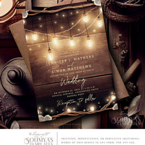 Rustic String Lights Lace Wedding Invitation, Country Wedding Invitation, Rustic Wood Wedding Invite