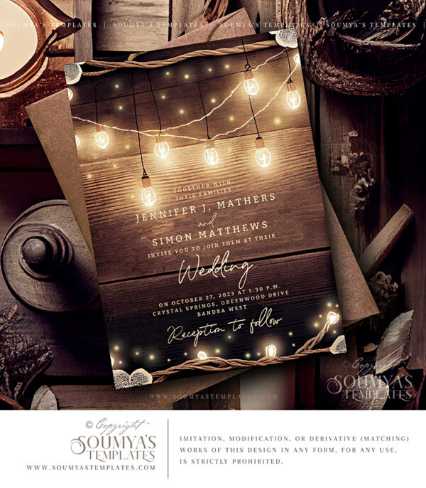 Rustic String Lights Lace Wedding Invitation, Country Wedding Invitation, Rustic Wood Wedding Invite