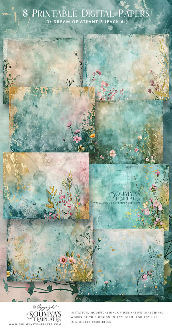 Under The Sea Ocean Scrapbook Papers, Atlantis Junk Journal Papers, Mermaid Journal Pages, Marine Nautical Underwater Fairytale Aquamarine Turquoise Teal Blue Scrapbook Papers - Image 2
