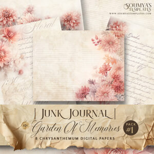 Vintage Floral Script Junk Journal Pages, Scrapbooking Supplies, Vintage Papers, Digital Papers, Chrysanthemum Junk Journal Pages