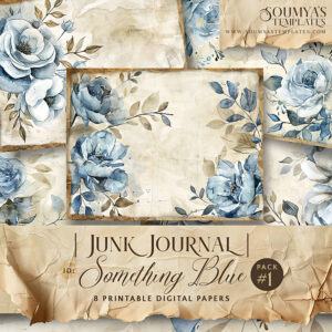 Blue Floral Digital Papers, Vintage Floral Junk Journal Sheets, Dusty Blue Floral Scrapbooking Supplies