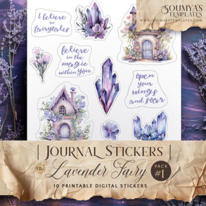 Lavender Purple Sticker Sheet, Fairy Stickers, Magical Stickers, Crystal Stickers, Journal Stickers, Digital Stickers, Scrapbooking Supplies