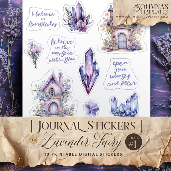 Lavender Purple Sticker Sheet, Fairy Stickers, Magical Stickers, Crystal Stickers, Journal Stickers, Digital Stickers, Scrapbooking Supplies