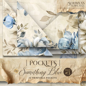 Dusty Blue Rose Vintage Junk Journal Pockets Templates, Pockets For Journals Scrapbooking Cardmaking Papercrafting, Ephemera Printables